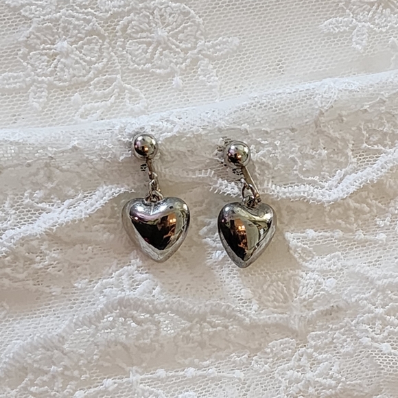Vintage Puffed Silver Tone Dangle Drop Hearts and Half Balls Clip On Earrings - Picture 1 of 7